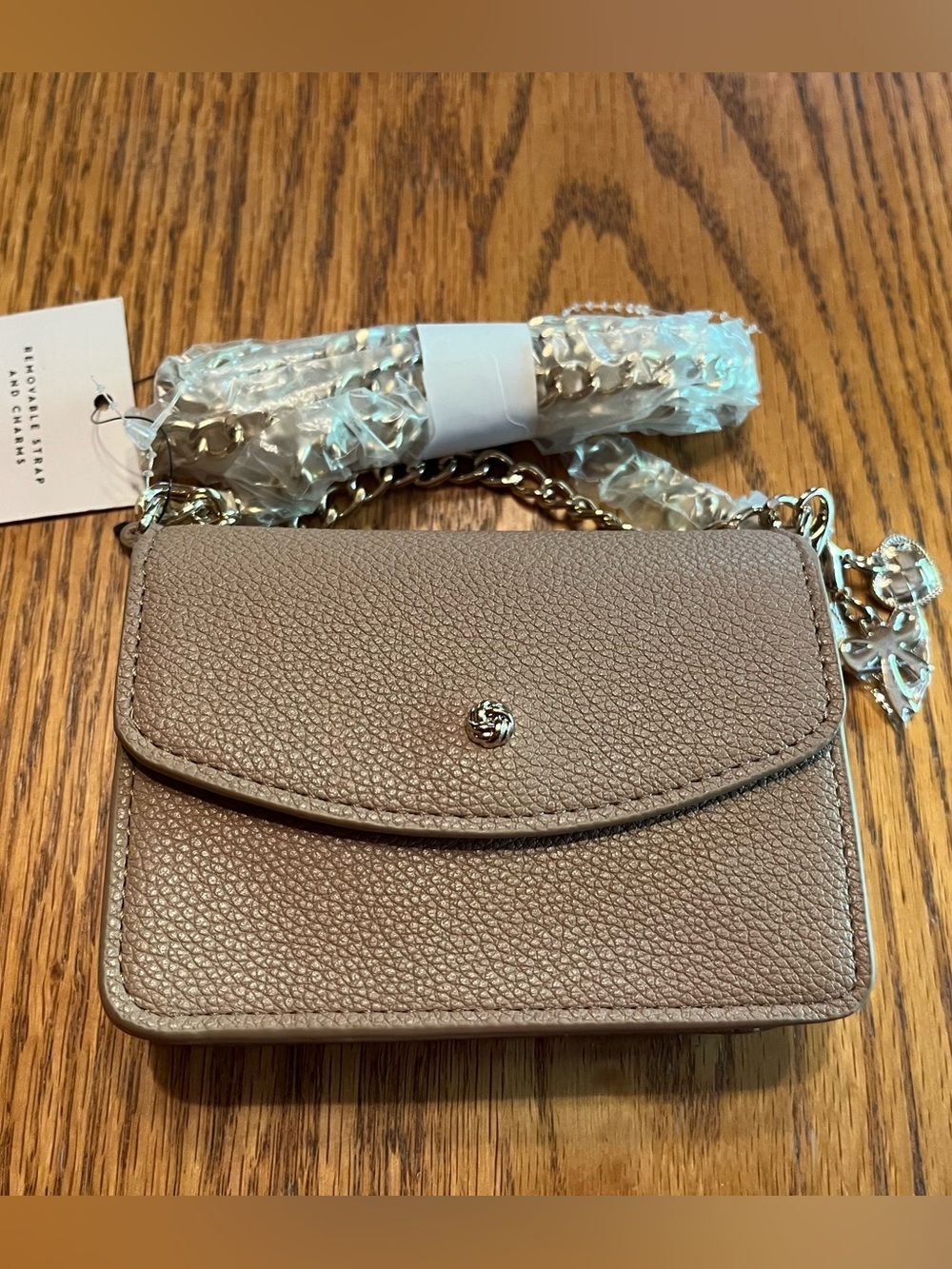 Compact Pebbled Leather Crossbody Wallet in Taupe with Chain NWT